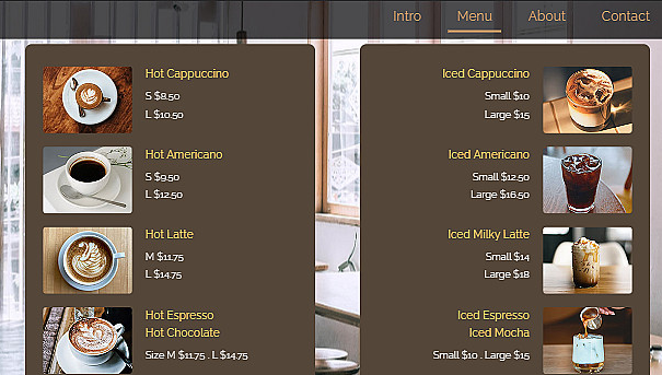 تصميم موقع إلكتروني لكوفي شوب لعرض قائمة المشروبات
